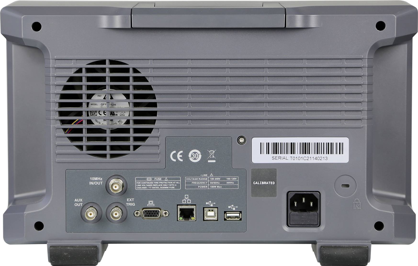 Back of an electronic device with a fan, various ports (USB, Ethernet, VGA) and a power connection.