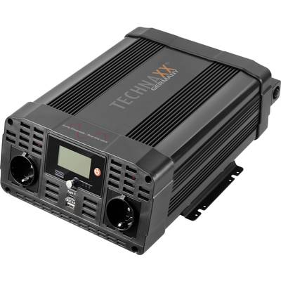 A black voltage converter with two plug sockets, a digital display, and an on/off switch; brand 'TECHNAXX'.