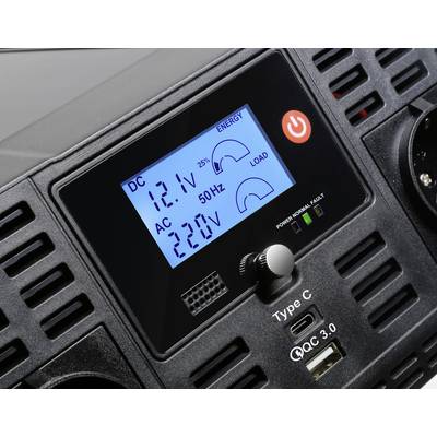 A device display shows 12.1V DC, 22.0V AC, 25% energy level, 50Hz and load utilisation. A USB Type C port and QC 3.0 are visible.