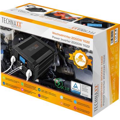 Technaxx Germany's 2000W TE22 Inverter, shown in its packaging. The device converts direct current to alternating current.