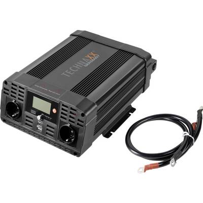 A black inverter with two power sockets and a digital display, with a cable set beside it. Device for power conversion.