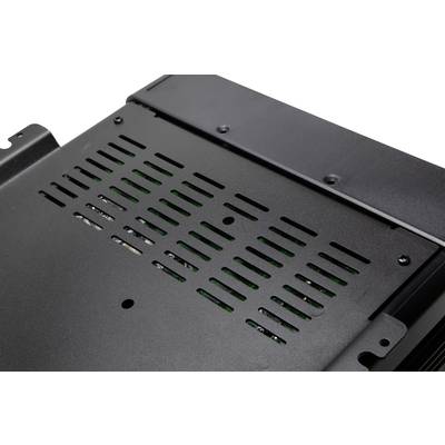 A black metallic device with multiple ventilation slots, likely part of an electronic enclosure or enclosure lid.
