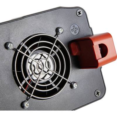 A black enclosure with a fan and silver metal grille, on the left. On the right is a red lever mechanism.