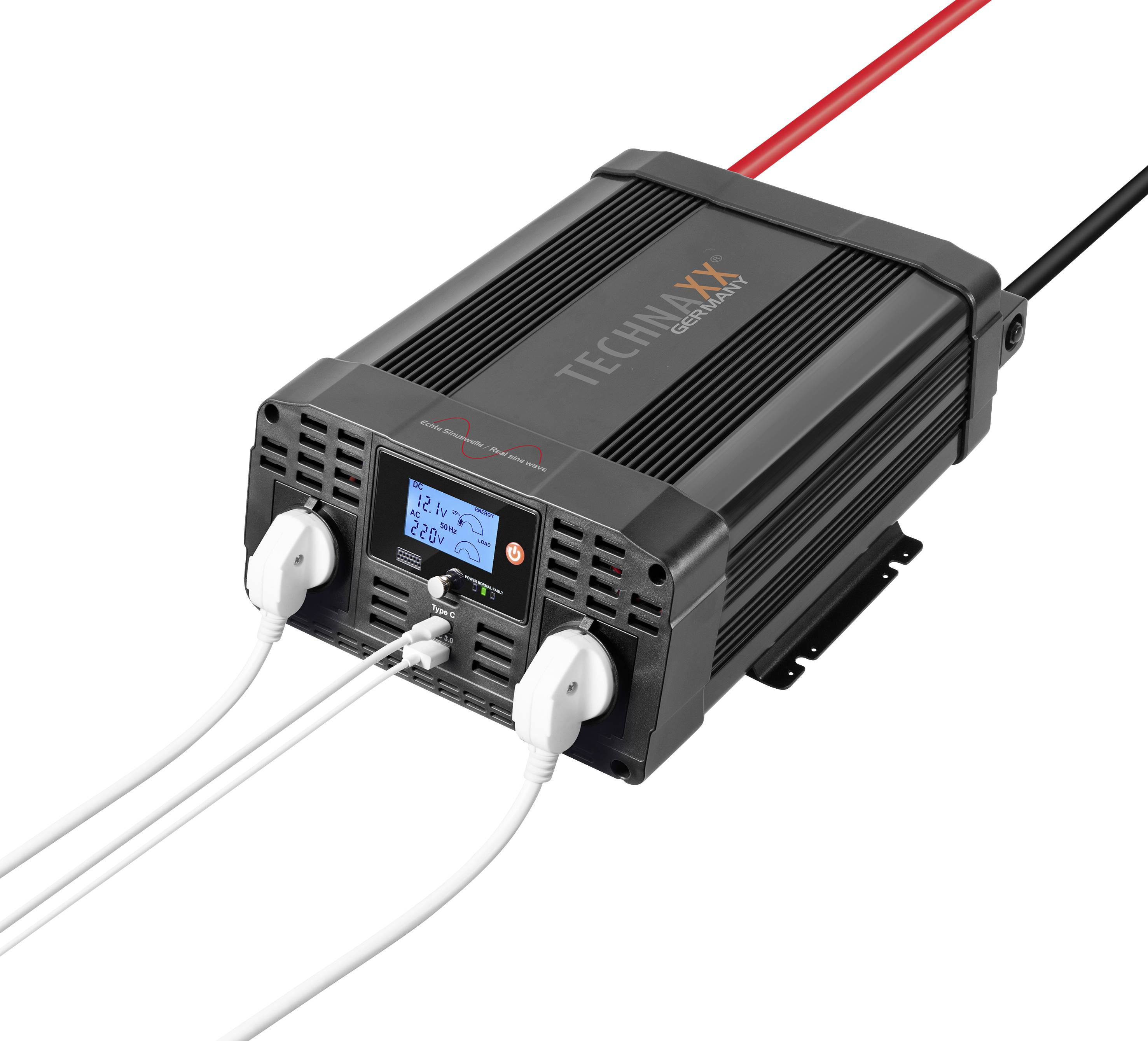 Power inverter with digital display, two European plug sockets and two connected power cables.