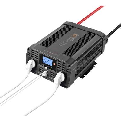 Power inverter with digital display, two European plug sockets and two connected power cables.
