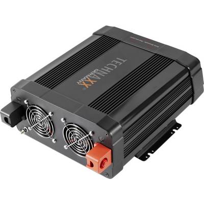 A black voltage transformer with fans and connections on the front. Marked with 'TECHNAXX'. Suitable for power supply.