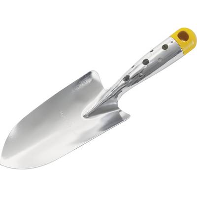 A shiny metal spade with a yellow handle end, slightly curved, suitable for gardening.
