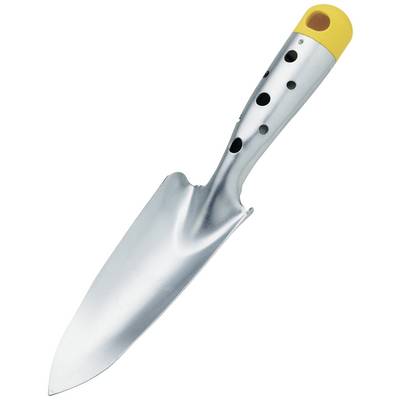 Metal shovel with yellow handle, suitable for gardening work.
