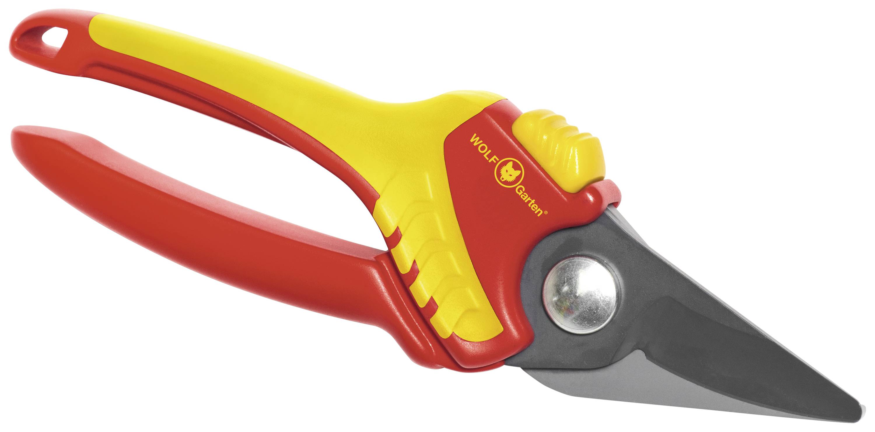 A red and yellow garden secateurs with an ergonomic handle and a shiny, silver screw in the centre.