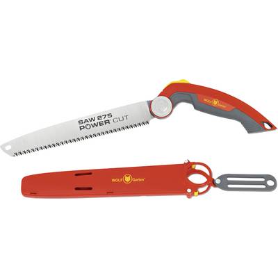 Handsaw with red and grey handle, labelled 'SAW 275 POWER CUT', with matching red case. Cutting teeth clearly visible.