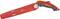 Red folding saw with black handle. Tool in folded state, brand logo on the casing.