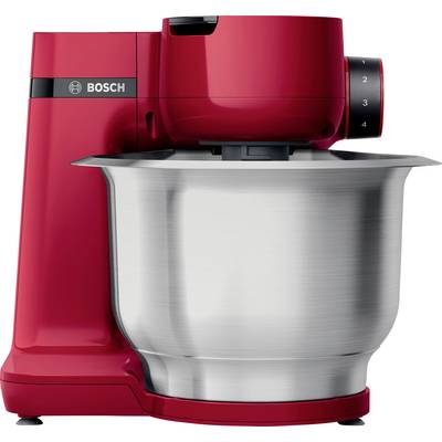 Red Bosch Kitchen Machine with Stainless Steel Bowl, Variable Speed Setting from 1 to 4, Suitable for Mixing and Kneading Dough.