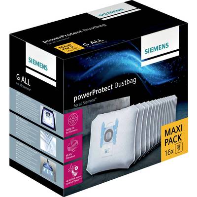 Vacuum Cleaner Bag Pack 'Siemens powerProtect Dustbag', Maxi-Pack with 16 Bags. Promotional Message: 99% Filtration Performance.