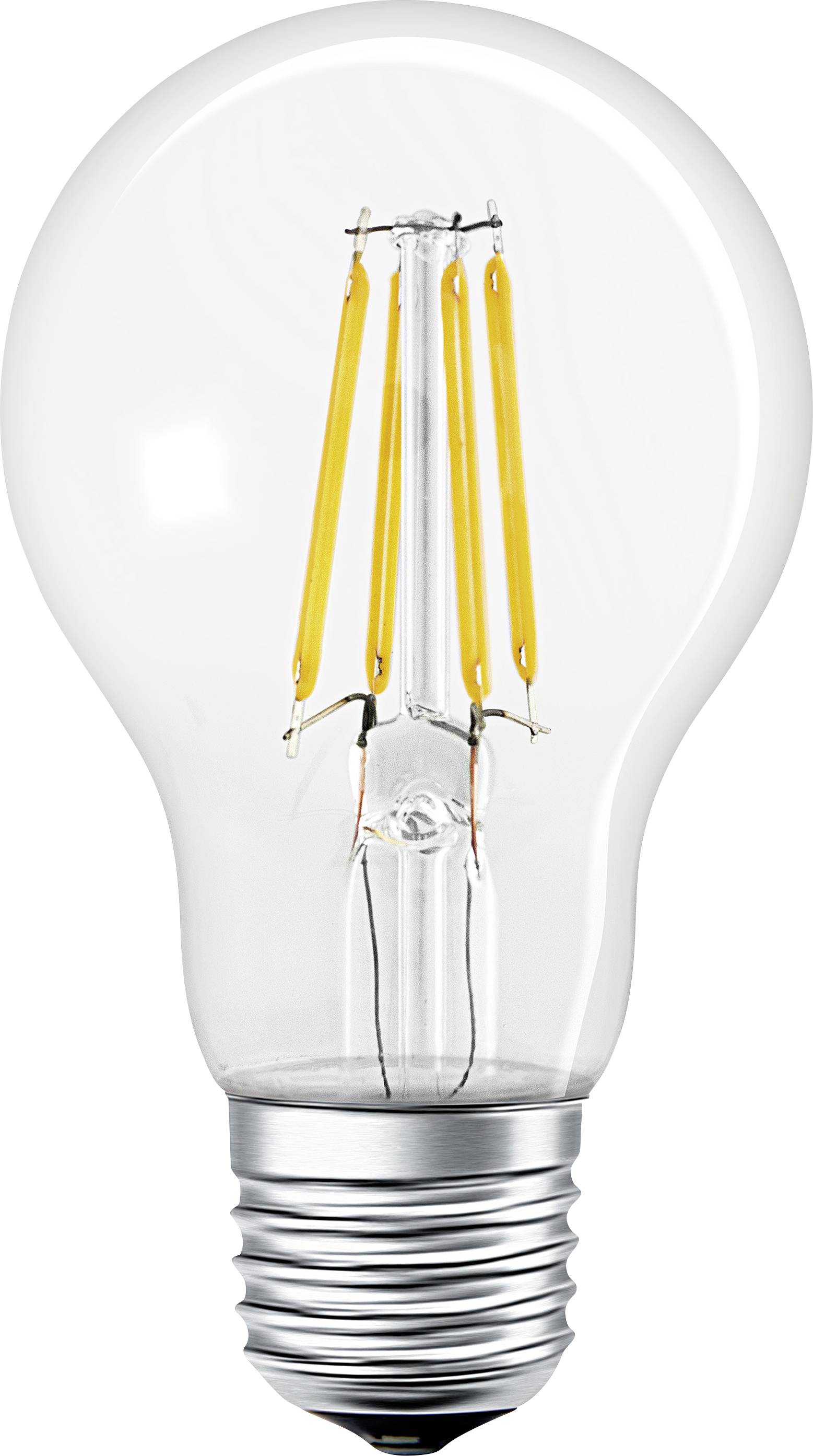 LED light bulb with visible filaments, clear glass surface and metal screw base, on a white background.