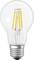 LED light bulb with visible filaments, clear glass surface and metal screw base, on a white background.