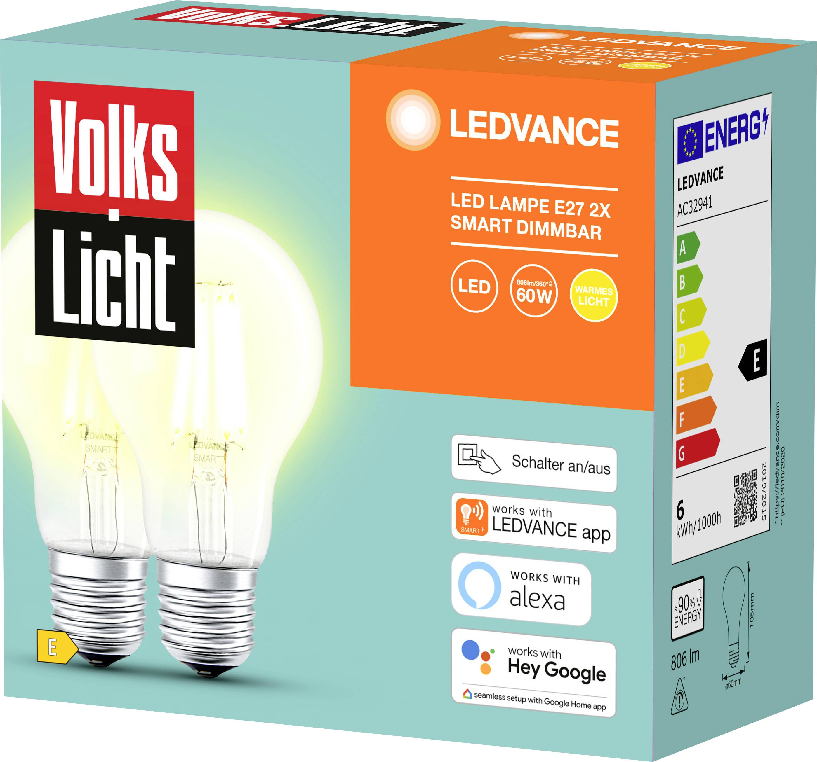 'Packaging for an LED lamp with 60W, E27 socket. Brand name at top left. Features: dimmable, Smart Home compatible (App, Alexa, Google Home).'
