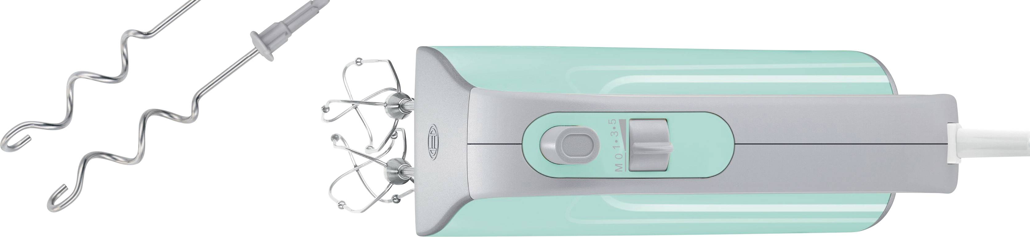 Turquoise hand mixer with two whisks and beaters.