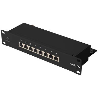 A black CAT. 6A patch panel with 8 Ethernet ports, numbered from 1 to 8, mounted on a rack.