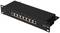 A black CAT. 6A patch panel with 8 Ethernet ports, numbered from 1 to 8, mounted on a rack.