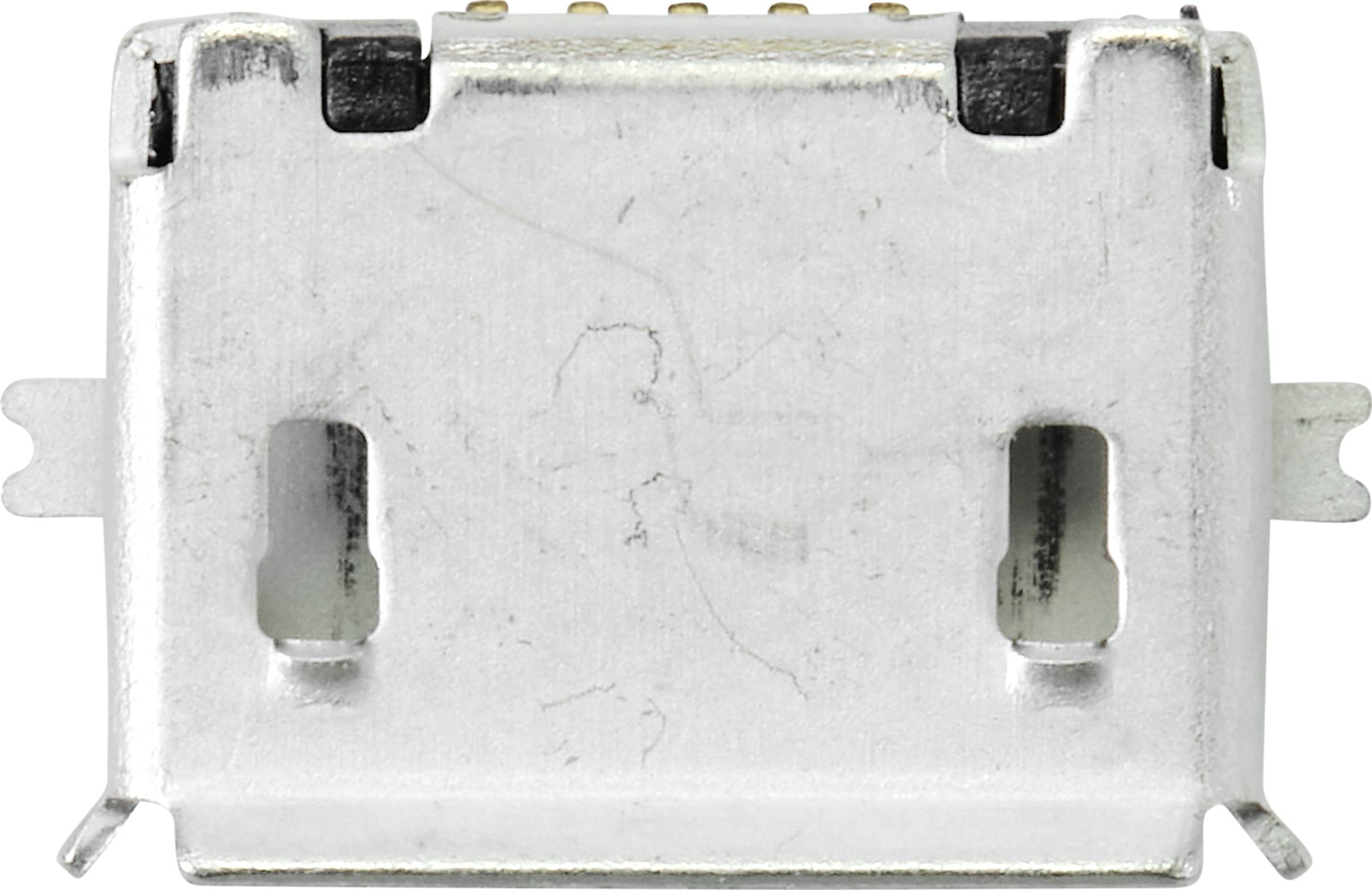 A silver, rectangular USB plug with contact pins at the top, shown from the front.