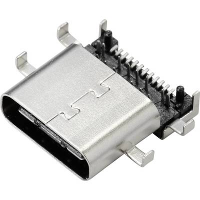 Metal USB-C plug with multiple pins protruding from the sides, shown against a white background.