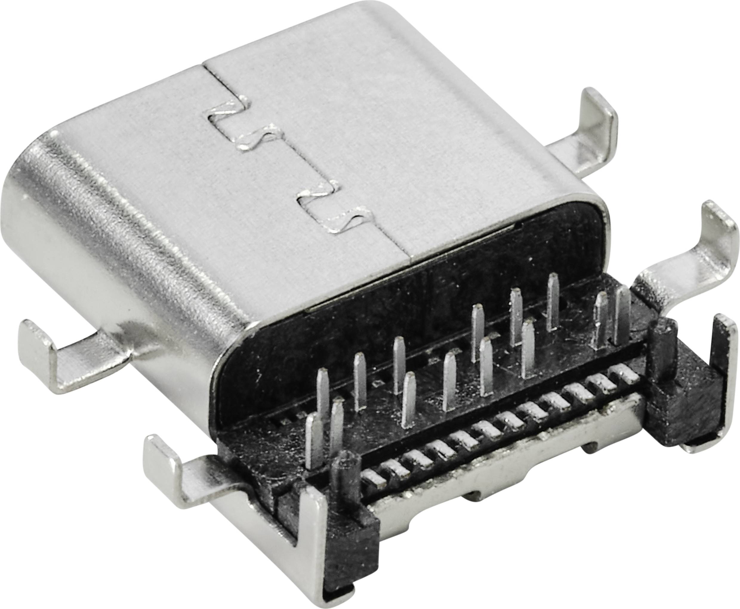 Close-up of a USB-C connector with a metallic sheen. Clearly visible contacts and mounting points on the sides.