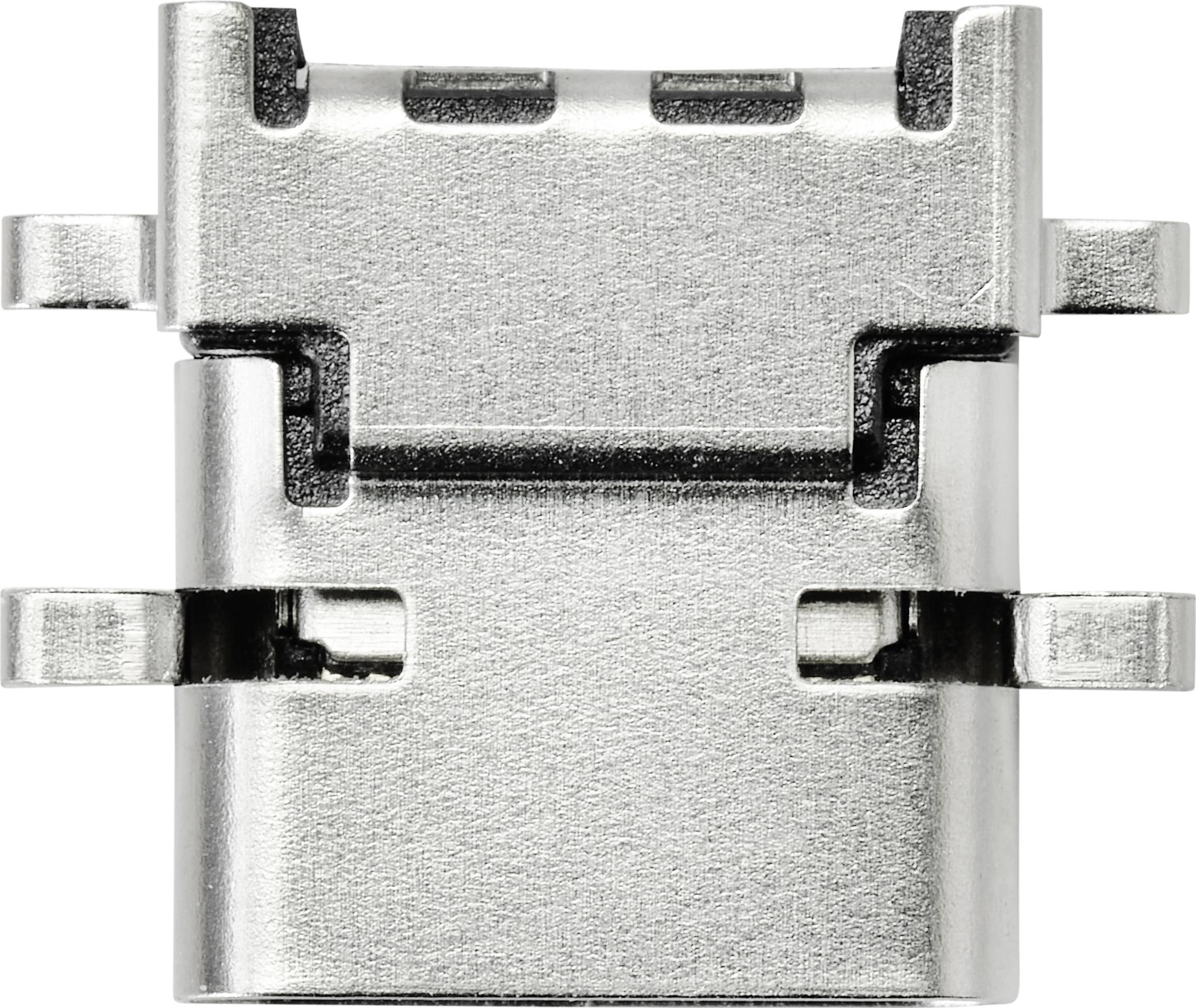 A metal connector, possibly a USB plug, with visible contact points and sturdy side sections, suitable for electronic connections.