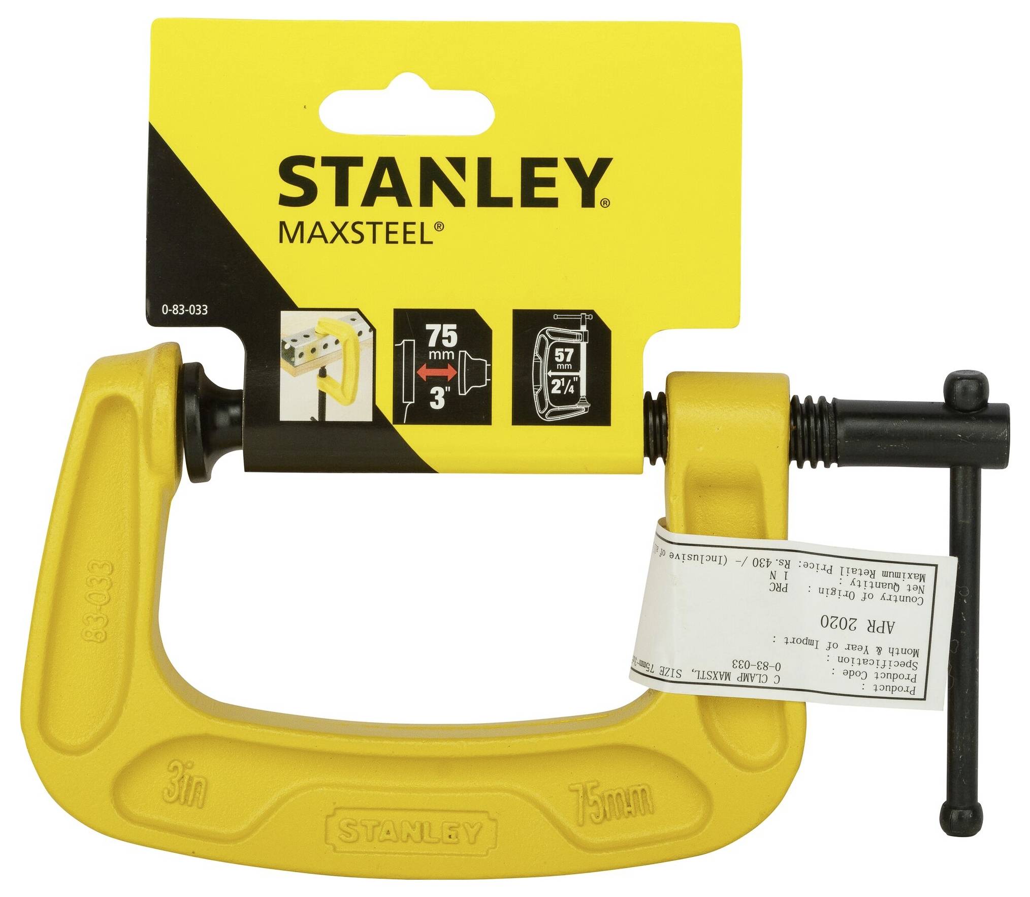 Stanley Maxsteel Yellow G-Clamp with Yellow Packaging, Clamping Width 75 mm.