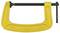 Yellow G-clamp with metal screw, 150 mm clamping width, brand logo on the arm, suitable for securing material.