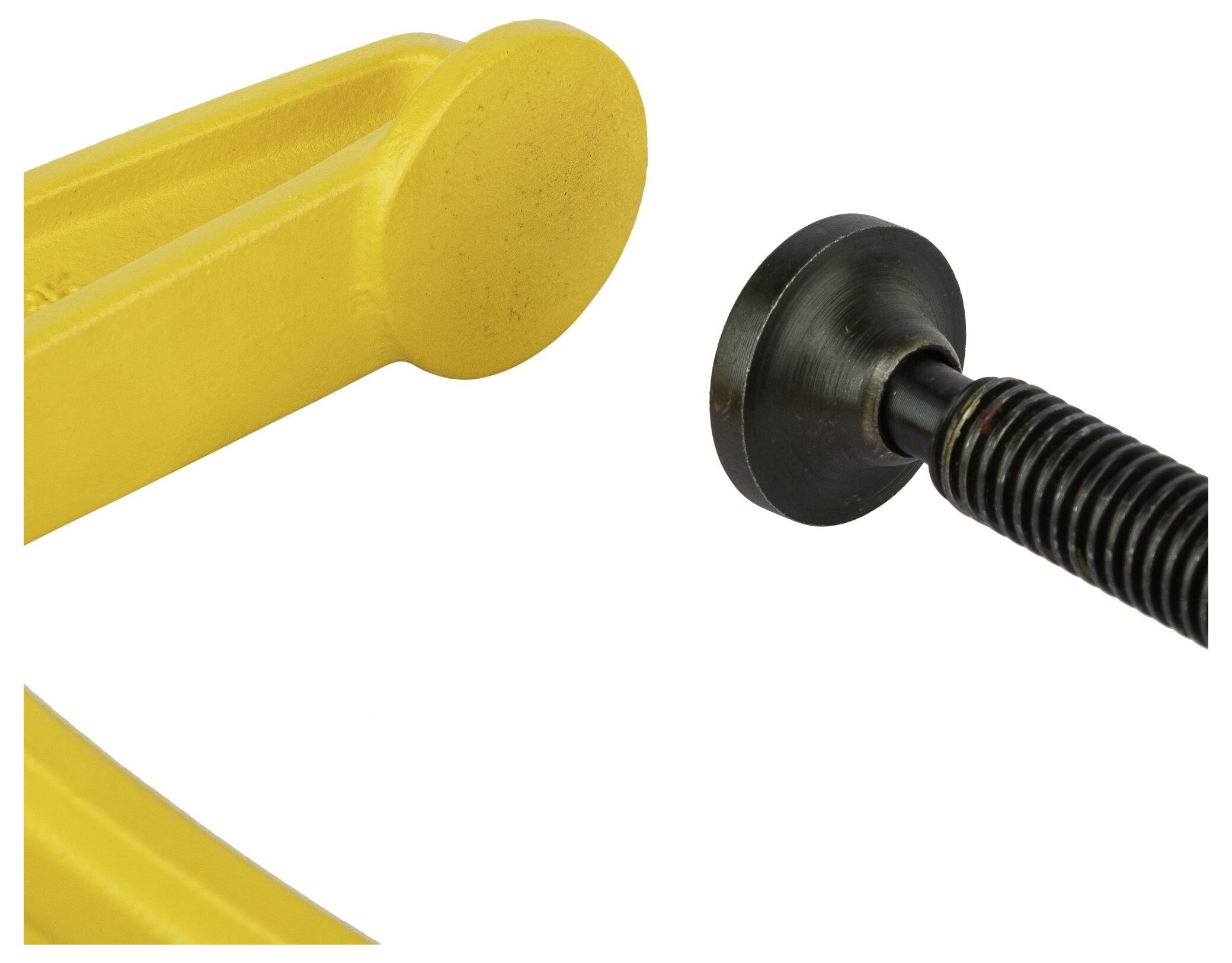Close-up of a yellow G-clamp, showing threaded ends, ready for securing.