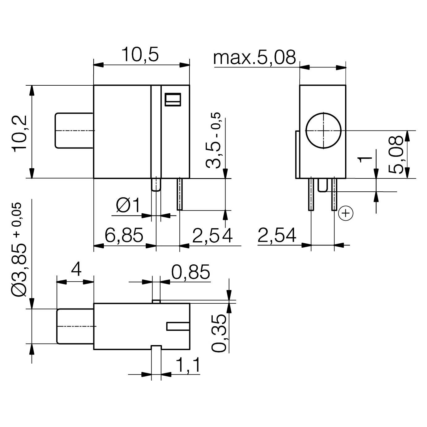 Technical drawing of a plug with precise dimensions and tolerances in millimetres. Shows front, top, and side views.
