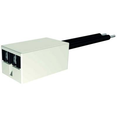 A white electrical connector with two black cables protruding from one side.
