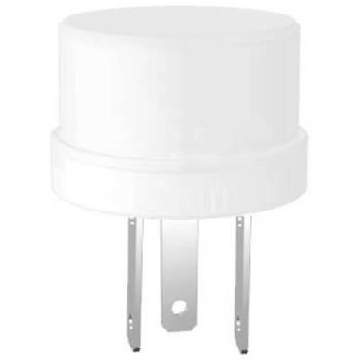 White round plug adapter with two metal pins underneath.