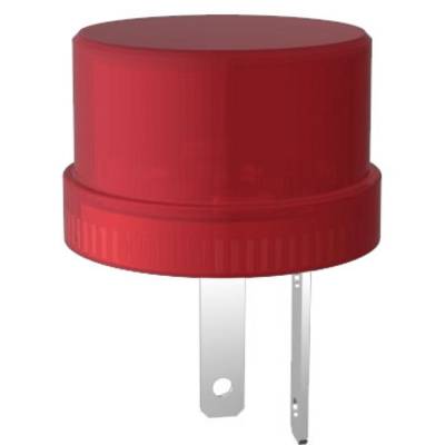 Red cylindrical adapter with two metal pins, suitable for electrical connection.