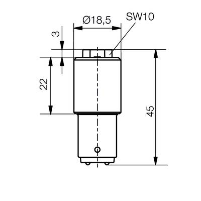 Technical drawing of a cylindrical component with dimensions: diameter 18.5 mm, total length 45 mm; other details: 22 mm, 3 mm, SW10.