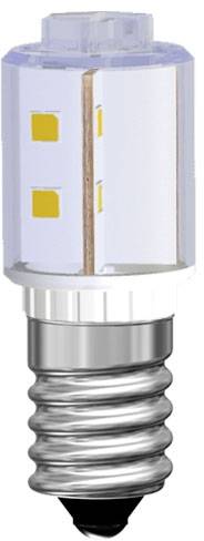 LED light bulb with E14 bayonet cap. Cylindrical shape with visible yellow LED chips and silver screw fitting. Energy-saving light source.