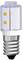 LED light bulb with small screw base, transparent casing, and visible yellow illuminating elements.
