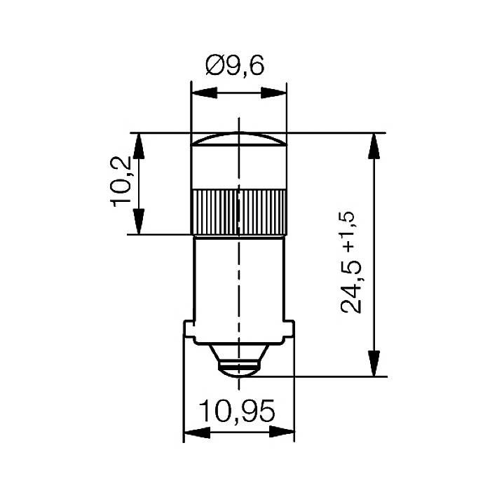 Technical drawing of a cylindrical component with dimensions: diameter 9.6 mm, height 24.5 mm ±1.5 mm, other dimensions marked.