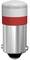 A metal cylinder with a red ribbed central section and a white cap on top. Purpose unclear.