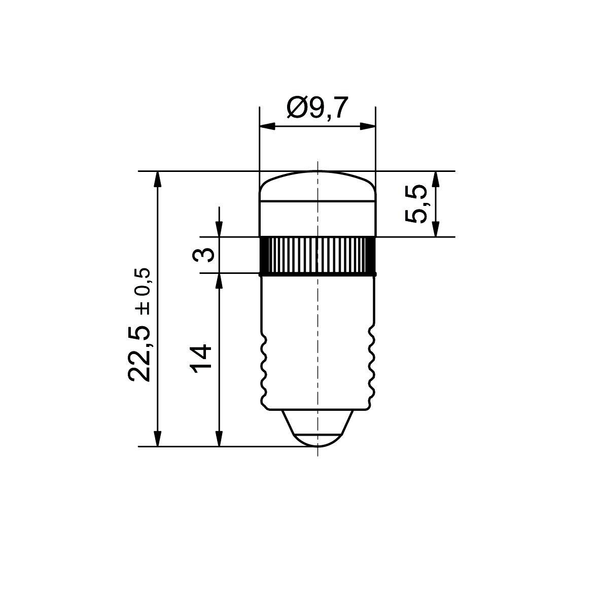 Diagram of a light bulb socket with dimensions: Total height 22.5 mm, diameter 9.7 mm, longitudinal section 14 mm, top section 5.5 mm.
