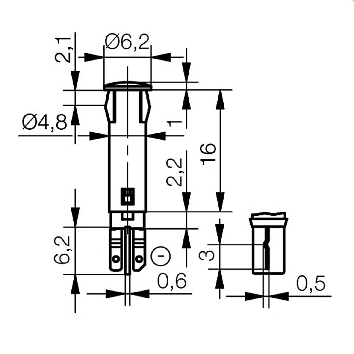 Technical drawing of a connector with dimensional specifications. Diameter of 6.2 mm and length of 16 mm. Detailed markings for precision fit.