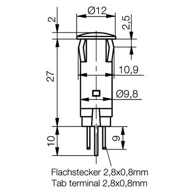 Drawing of a flat blade fuse with dimensions: Length 27 mm, diameter 9.8 mm and 12 mm. Tab terminal: 2.8 x 0.8 mm.
