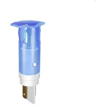 Blue, cylindrical electrical plug with a transparent housing and metal pins. Suitable for lighting applications.