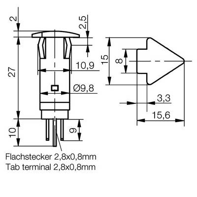 Technical drawing of a tab terminal with dimensions. Height 18 mm, width 15.6 mm, includes diameter and spacing details.