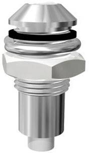 Metal screw connection with hexagonal head, black rubber seal, and fluted cylinder. Primarily used for technical applications.