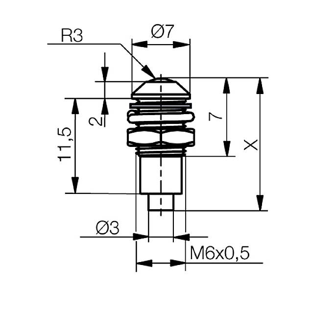 Technical Drawing of a Bolt with Dimensions: Total Length X, Diameter Ø7 and Ø3, Thread M6x0.5, Various Height Specifications.