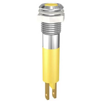 Yellow and silver electrical component, likely a push button or switch, with a metallic shiny surface and two terminals.