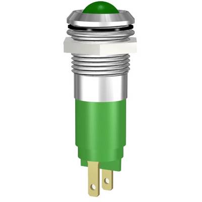 A green, round LED indicator switch in a metal housing with two golden terminal connectors at the lower end.