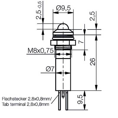 Diagram of an LED: shows dimensions and connections. Total length 26 mm, diameter 9.5 mm; flat connector 2.8 x 0.8 mm.