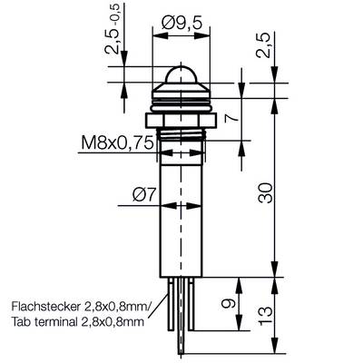 Technical drawing of an electrical component with dimensions: diameter 9.5 mm, length 30 mm. Connection: M8x0.75.